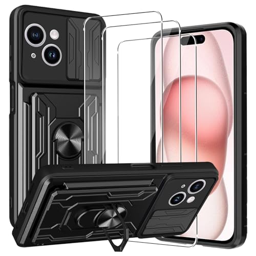 CONAPIKA Hülle für iPhone 15 mit 3 Stück Schutzfolie,[Kameraschutz][360° Metall Ring Ständer][Kartenfach Slot] Hart PC Gehäuse+TPU Stoßfeste Handyhülle Militär Robust Anti-Kratzer Bumper Schutzhülle von CONAPIKA