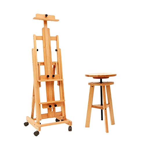 CONGRUI Große Staffelei aus Massivholz mit Rad, flach, doppelte Verwendung, Ölstaffelei, Standdisplay bei Hochzeiten (Holzfarbe, Staffelei + drehbarer Hocker) von CONGRUI