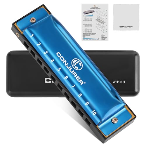 Conjurer Blues Mundharmonika C-Dur Anfänger& Kinder Blues Harp C 10-Loch Diatonische Harmonika Instrument Muntamonika mit hochwertigen Messing Stimmzungen und Hervorragender Klang, Meerblau von CONJURER