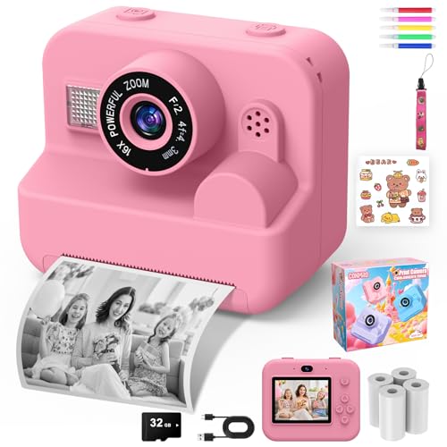 CONMRO Sofortige Kinderkamera – 1080P 2,4 Zoll Selfie-Kamera für Kinder mit Druckpapier und 32 GB Karte, Spielzeug für Weihnachten Jungen und Mädchen von 3 – 12 Jahren (Rosa-28) von CONMRO