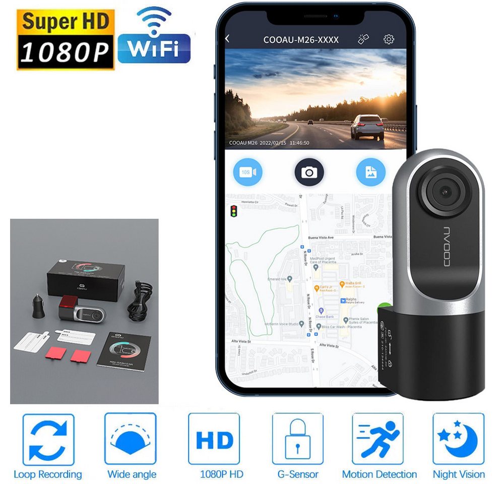 COOAU 1080P FHD Dashcam, Mini Auto Front Center Kamera Recorder Dashcam (G-Sensor, Schleifenaufzeichnung, Parkmonitor,Eingebautes WLAN) von COOAU
