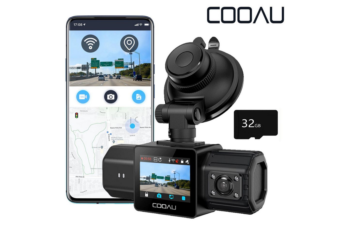 COOAU 2.5K+1080P WIFI Duale Dashcam Auto Vorne Hinten mit Parküberwachung Dashcam (WLAN (Wi-Fi), 24Std.Parküberwachung/Bewegungserkennung,Super Nachtsicht, Volles 6G +1iR-Objektiv, G-Sensor, Loop-Aufnahm, WDR, Sichtwinkel 170) von COOAU