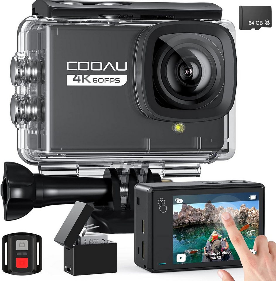 COOAU Action Cam 4K 24MP 40M Wasserdicht Unterwasserkamera Action Cam (4K Ultra HD, WLAN (Wi-Fi), mit 64G SD Karte, Touchscreen Videokamera, 170°Weitwinkel, 2X1350 mAh Akkus, WiFi, 2.4G Fernsteuerung, externem Mikrofon) von COOAU
