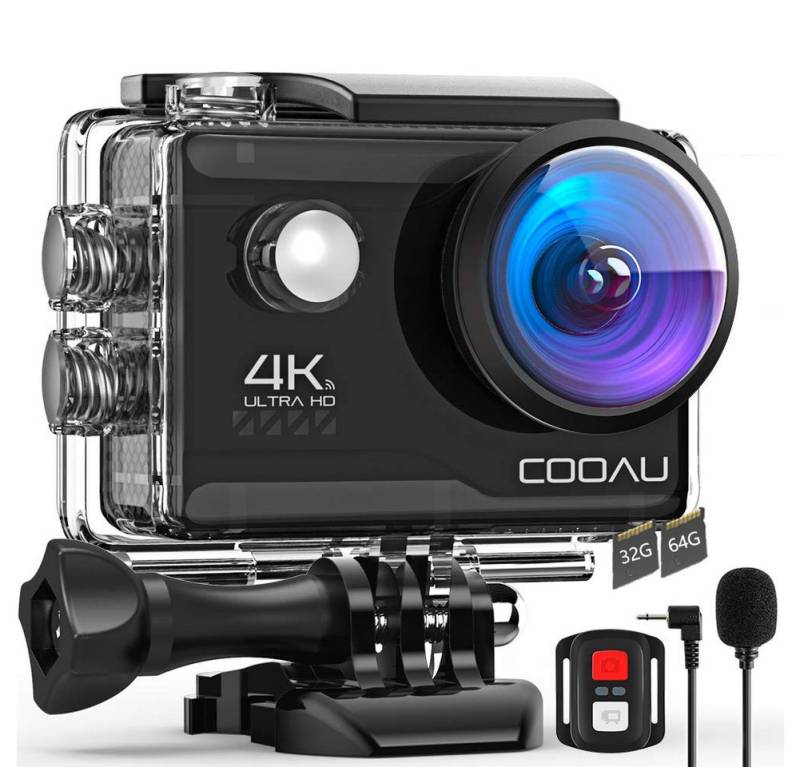 COOAU Action Cam 4K Unterwasserkamera 40M Wasserdicht 20MP mit 32764G Karte Action Cam (HD 4K, EIS Bildstabilisierun 170° Weitwinkel Helmkamera WiFi Actionkameras, Externem Mikrofon 2 Akkus und 16 Zubehör Kit 2.4G Fernbedienung) von COOAU