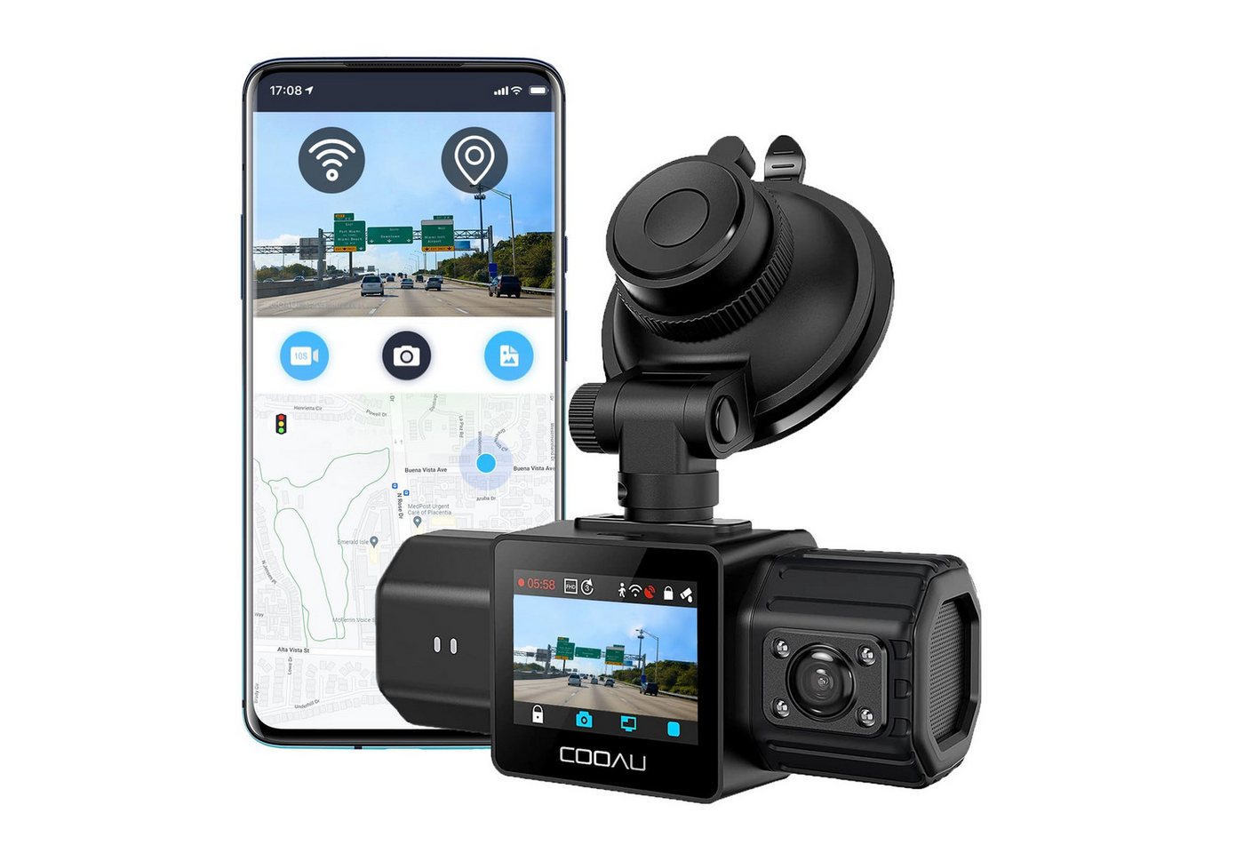 COOAU Dashcam Auto Vorne Hinten und Innen Mit GPS Dash Cam Auto Recorder Dashcam (WLAN (Wi-Fi), 24Std.Parküberwachung/Bewegungserkennung,Super Nachtsicht, Volles 6G +1iR-Objektiv, G-Sensor, Loop-Aufnahm, WDR, Sichtwinkel 170) von COOAU