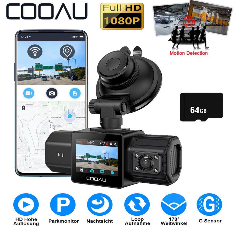 COOAU Dashcam Auto Vorne Hinten und Innen mit 32/64GB SD-Karte, Autokamera Dashcam (WLAN (Wi-Fi), 24Std.Parküberwachung/Bewegungserkennung,Super Nachtsicht, Volles 6G +1iR-Objektiv, G-Sensor, Loop-Aufnahm, WDR, Sichtwinkel 170) von COOAU