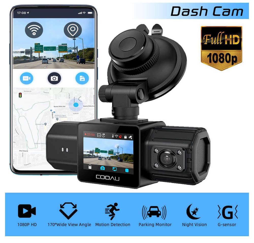 COOAU Duale Dashcam vorne und hinten,2,5K+1080P mit G-Sensor,Loop Recording Dashcam (HD, WLAN (Wi-Fi), 24Std.Parküberwachung/Bewegungserkennung,Super Nachtsicht, Integriertes WLAN und GPS, G-Sensor,WDR,Loop Recording) von COOAU