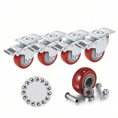 75mm Lenkrollen mit Bremse, 4 Stück Möbelrollen Max. Belastung 400KG, Doppelverriegelung 360-Grad Schwerlastrollen für Bürostühle und Gartenmöbel, Rot von COOCHEER