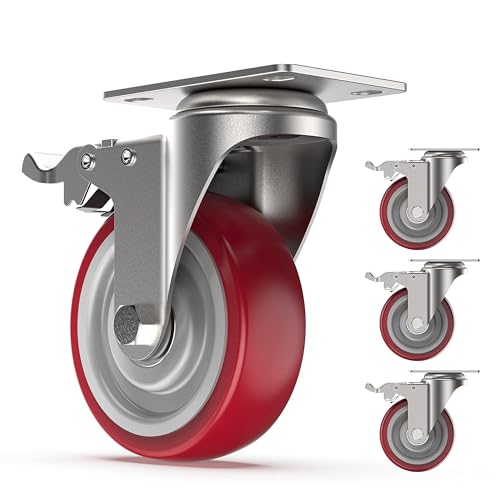 COOCHEER Set of 4 100 mm Lenkrollen, Lenkrollen mit Bremse, Rollen für Bett und Möbel, maximale Tragfähigkeit 400 kg,Hell Rot von COOCHEER