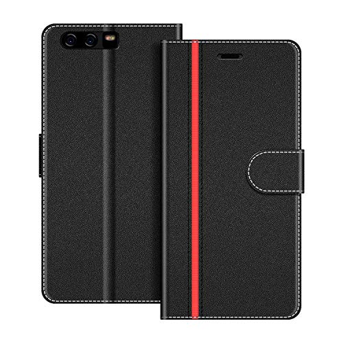 COODIO Handyhülle für Huawei P10 Plus Handy Hülle, Huawei P10 Plus Hülle Leder Handytasche für Huawei P10 Plus Klapphülle Tasche, Schwarz/Rot von COODIO