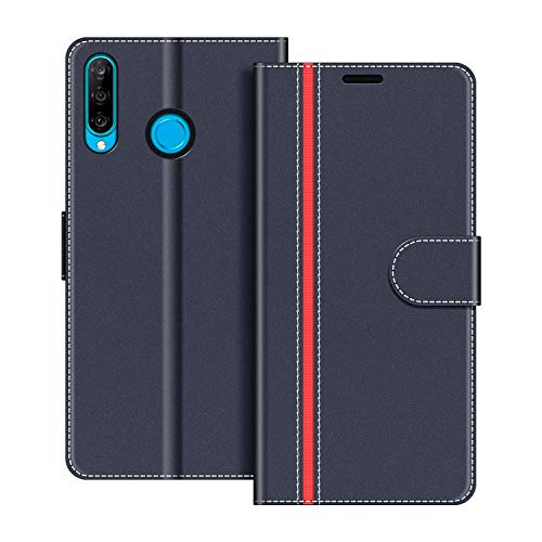 COODIO Handyhülle für Huawei P30 Lite Handy Hülle, Huawei P30 Lite Hülle Leder Handytasche für Huawei P30 Lite / P30 Lite New Edition Klapphülle Tasche, Dunkel Blau/Rot von COODIO