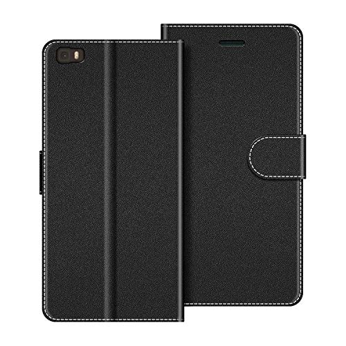 COODIO Handyhülle für Huawei P8 Lite Handy Hülle, Huawei P8 Lite 2015 Hülle Leder Handytasche für Huawei P8 Lite Klapphülle Tasche, Schwarz von COODIO