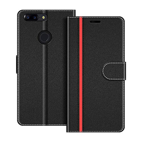 COODIO Handyhülle für OnePlus 5T Handy Hülle, OnePlus 5T Hülle Leder Handytasche für OnePlus 5T Klapphülle Tasche, Schwarz/Rot von COODIO