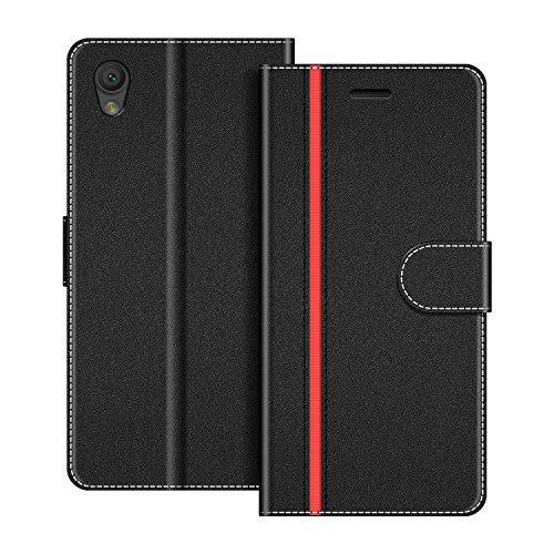 COODIO Handyhülle für Sony Xperia L1 Handy Hülle, Sony Xperia L1 Hülle Leder Handytasche für Sony Xperia L1 Klapphülle Tasche, Schwarz/Rot von COODIO