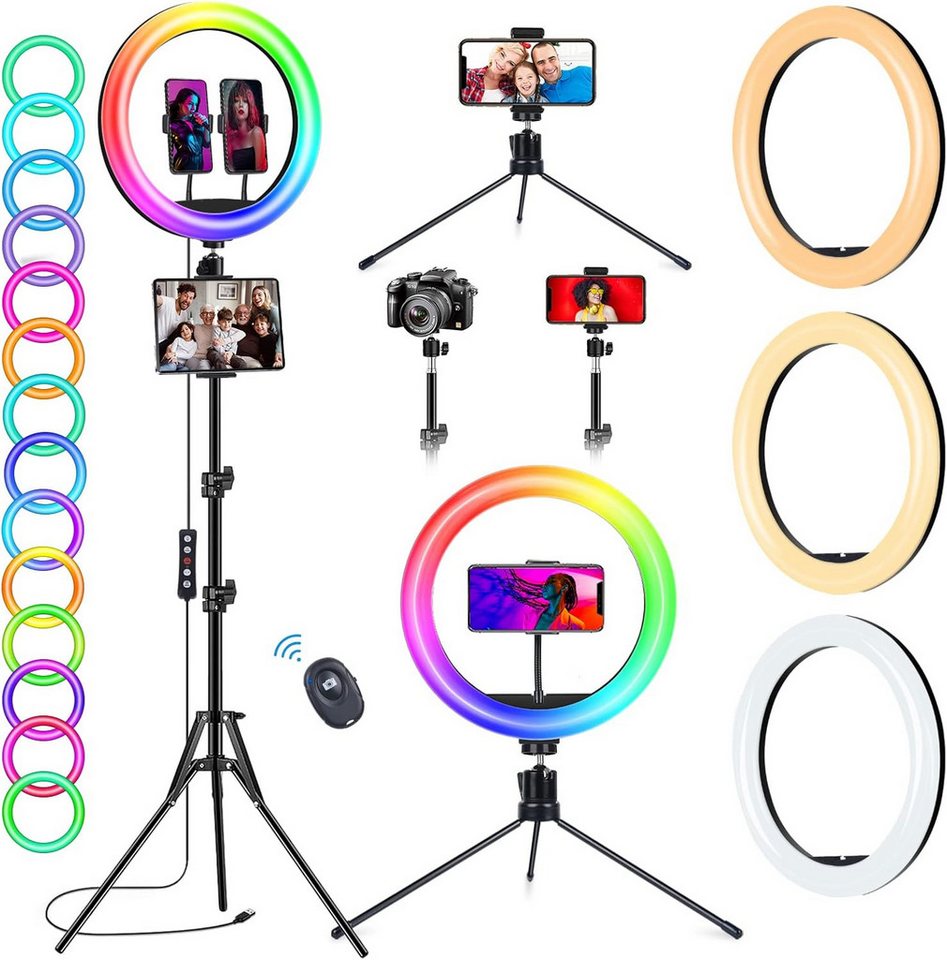 COOL-i ® 13-Zoll-LED-Ringlicht,160 cm Stativ, 50 RGB-Modi, Make-up, Fotografie Ringblitz, (12 Helligkeitsstufen, dimmbar, ideal für Selfies, YouTube, TikTok) von COOL-i ®