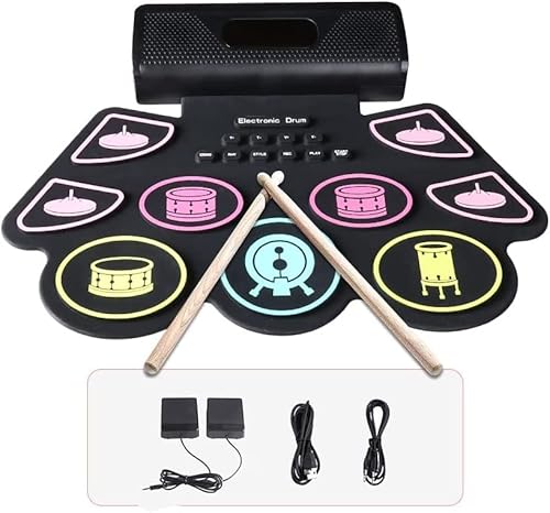 Schlagzeug Elektronisch with 9 Pads, Coolmusic Tragbares Roll-Up-Drum-Pad, E-Drum-Kit, integrierte Dual-Stereo-Lautsprecher, E-Drum für Anfänger black von COOLMUSIC