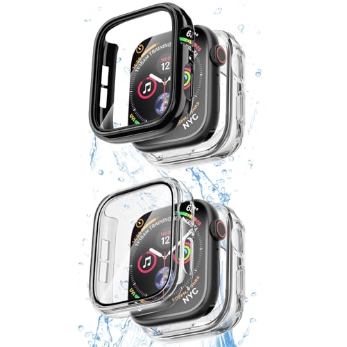 COOLQO 2 Stück wasserdichte 2-in-1-Hülle, kompatibel mit Apple Watch 41 mm Serie 9 8 7, mit 9H gehärtetem Glas Displayschutzfolie, Ganzkörperabdeckung für iWatch 41 mm S9 S8 S7, [Hart-PC + weiches von COOLQO