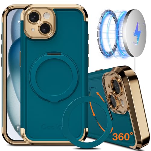COOLQO Schutzhülle für iPhone 15, 15,4 cm (6,1 Zoll), verbesserter 360°-Drehung, magnetischer Ständer, kompatibel mit Magsafe, Fallschutz in Militärqualität, stoßfeste Schutzhülle für iPhone 15, Grün von COOLQO