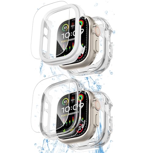 COOLQO Wasserdichte 2-in-1-Hülle, kompatibel mit Apple Watch Ultra 2/Ultra 49 mm, 9H gehärtetes Glas, Displayschutzfolie, Ganzkörper-Schutzhülle für iWatch 49 mm, [Harter PC + weiches TPU] Klar + von COOLQO