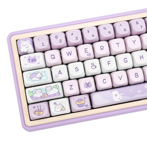 COOMICKEY PBT-Tastenkappen, MOA-Profil-Tastenkappen, 132 Tasten, Farbsublimation, violett, niedliche Katze, individuelle Tastenkappen für ANSI-Layout, Cherry MX-Schalter, mechanische Tastaturen von COOMICKEY
