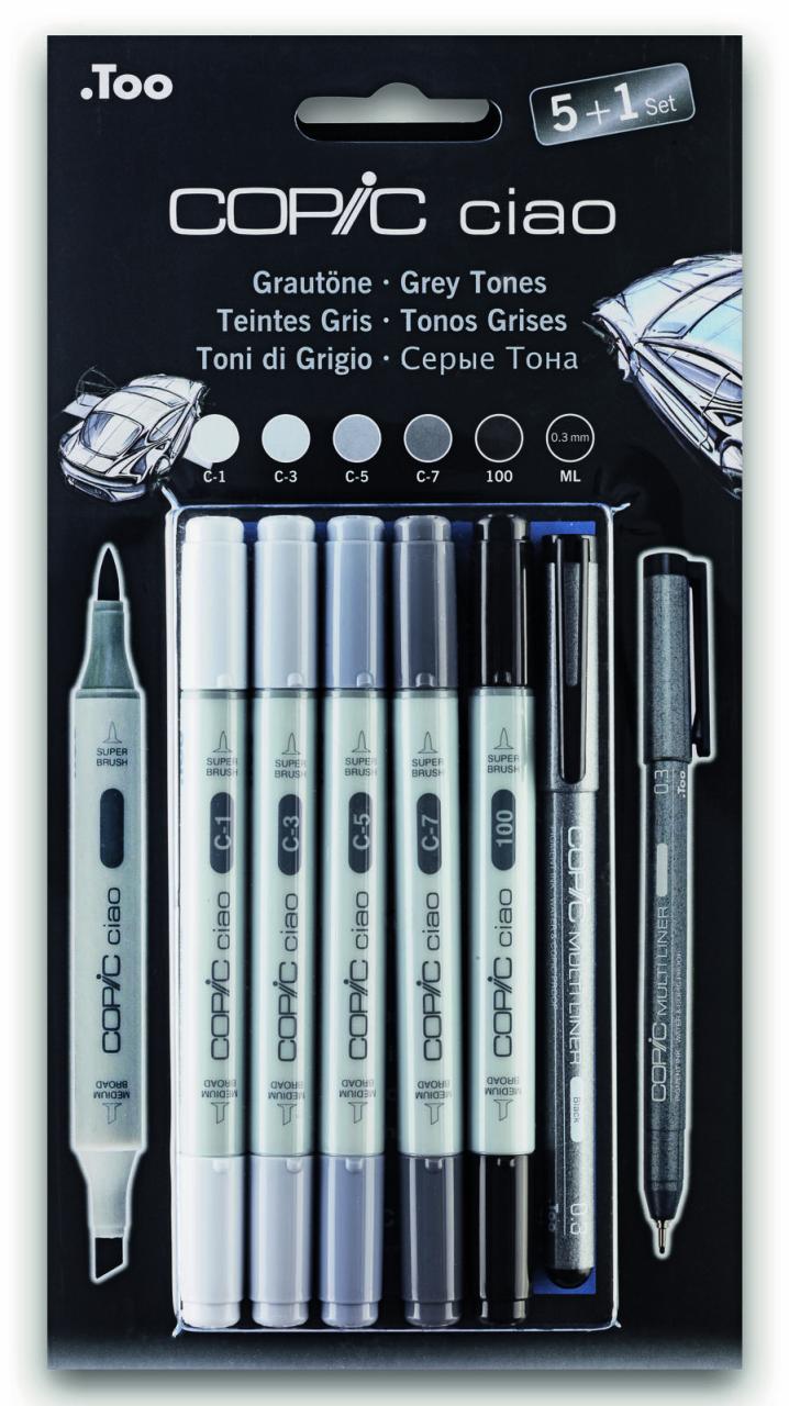 COPIC® Ciao 5+1 Set Grey Tones Layoutmarker-Set 1.0 + 6.0 mm Grau von COPIC®