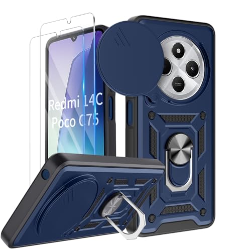 COPIKE Armor für Xiaomi Redmi 14C / Poco C75 Hülle Stoßfest mit 2 Stück Schutzfolie, Handyhülle Kameraschutz Slide Camera mit 360 Drehbarer Fingerring Ständer, Blau von COPIKE