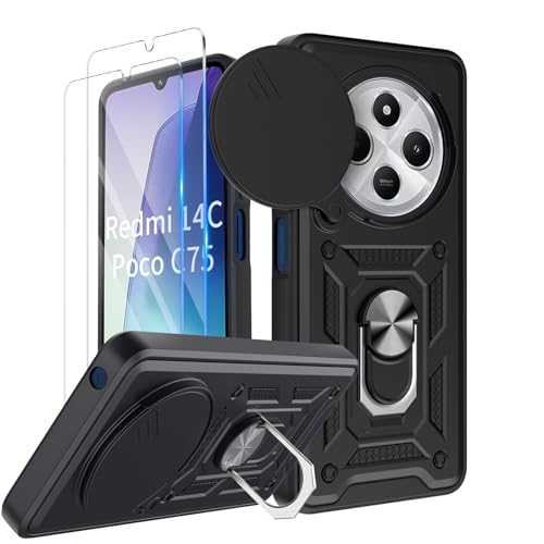 COPIKE Armor für Xiaomi Redmi 14C / Poco C75 Hülle Stoßfest mit 2 Stück Schutzfolie, Handyhülle Kameraschutz Slide Camera mit 360 Drehbarer Fingerring Ständer, Schwarz von COPIKE