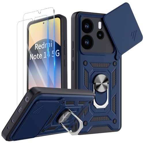 COPIKE Armor Schutzhülle für Xiaomi Redmi Note 14 5G (nicht für 4G) mit 2 Teilen aus gehärtetem Glas, Schutzhülle mit verschiebbarer Kameraabdeckung mit drehbarem Ringhalter und TPU, stoßfest, Blau von COPIKE