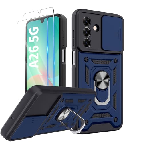 COPIKE Armor für Samsung Galaxy A26 5G Hülle Stoßfest mit 2 Stück Schutzfolie, Handyhülle Kameraschutz Slide Camera mit 360 Drehbarer Fingerring Ständer, Blau von COPIKE