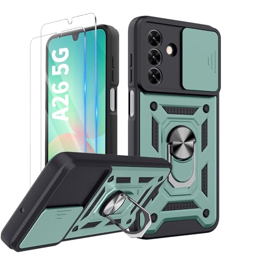 COPIKE Armor für Samsung Galaxy A26 5G Hülle Stoßfest mit 2 Stück Schutzfolie, Handyhülle Kameraschutz Slide Camera mit 360 Drehbarer Fingerring Ständer, Grün von COPIKE