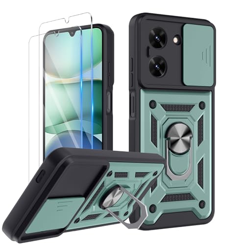 COPIKE Armor für Xiaomi Redmi A5 4G / Poco C71 4G Hülle Stoßfest mit 2 Stück Schutzfolie, Handyhülle Kameraschutz Slide Camera mit 360 Drehbarer Fingerring Ständer, Grün von COPIKE