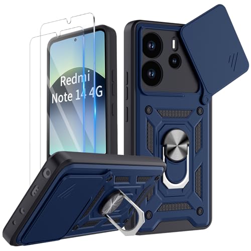 COPIKE Armor für Xiaomi Redmi Note 14 4G (Nicht für 5G) Hülle Stoßfest mit 2 Stück Schutzfolie, Handyhülle Kameraschutz Slide Camera mit 360 Drehbarer Fingerring Ständer, Blau von COPIKE