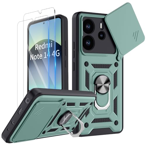 COPIKE Armor für Xiaomi Redmi Note 14 4G (Nicht für 5G) Hülle Stoßfest mit 2 Stück Schutzfolie, Handyhülle Kameraschutz Slide Camera mit 360 Drehbarer Fingerring Ständer, Grün von COPIKE