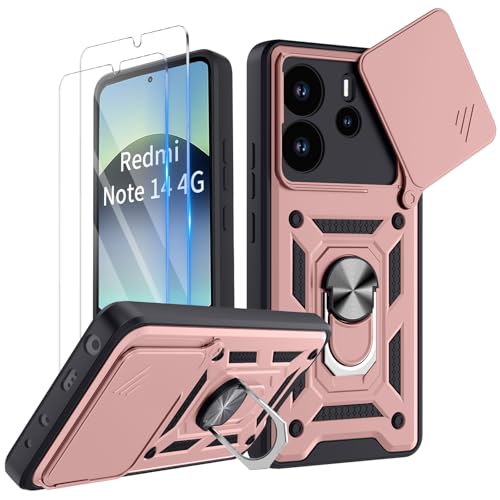 COPIKE Armor für Xiaomi Redmi Note 14 4G (Nicht für 5G) Hülle Stoßfest mit 2 Stück Schutzfolie, Handyhülle Kameraschutz Slide Camera mit 360 Drehbarer Fingerring Ständer, Roségold von COPIKE