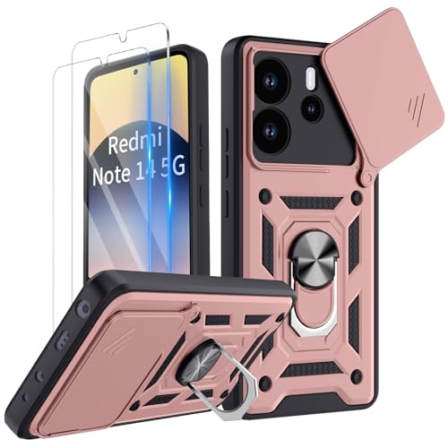 COPIKE Armor für Xiaomi Redmi Note 14 5G (Nicht für 4G) Hülle Stoßfest mit 2 Stück Schutzfolie, Handyhülle Kameraschutz Slide Camera mit 360 Drehbarer Fingerring Ständer, Roségold von COPIKE