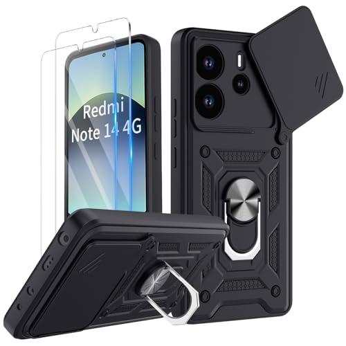 COPIKE Armor für Xiaomi Redmi Note 14 5G (Nicht für 4G) Hülle Stoßfest mit 2 Stück Schutzfolie, Handyhülle Kameraschutz Slide Camera mit 360 Drehbarer Fingerring Ständer, Schwarz von COPIKE