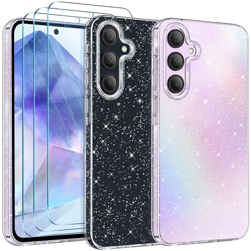 COPIKE Glitzer Handyhülle Kompatibel für Samsung Galaxy A55 5G Hülle mit 3 Stück Schutzfolie, Transparent Bling TPU Weiche Silikon Anti-Kratzer Schutzhülle für Mädchen, Durchsichtig von COPIKE