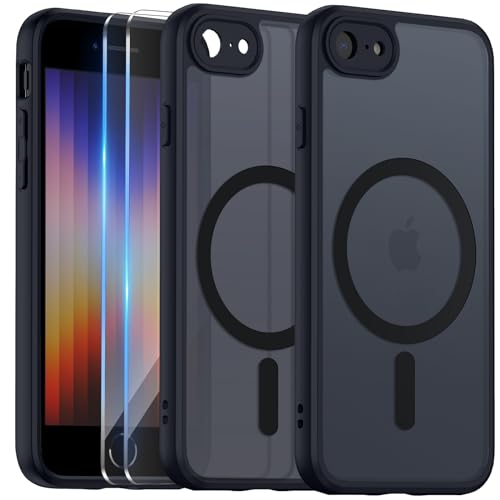 COPIKE Magnetisch Kameraschutzhülle für iPhone SE (2022/2020) Hülle mit 2 Stück Schutzfolie, Handyhülle iPhone SE Dünn Stoßfest Anti-Fingerabdruck Rückseite Case, Matt Schwarz von COPIKE