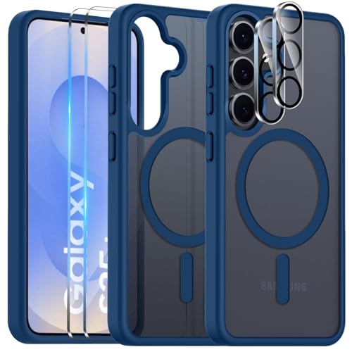 COPIKE Magnetisch für Samsung Galaxy S25 Hülle mit 2 Stück Schutzfolie und 2 Kameraschutz, Handyhülle Samsung Galaxy S25 Magnet Translucent Dünn Stoßfest Anti-Fingerabdruck Rückseite Case, Matt Blau von COPIKE