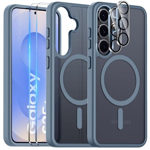 COPIKE Magnetisch für Samsung Galaxy S25 Hülle mit 2 Stück Schutzfolie und 2 Kameraschutz, Handyhülle Samsung Galaxy S25 Magnet Translucent Dünn Stoßfest Anti-Fingerabdruck Rückseite Case, Matt Grau von COPIKE