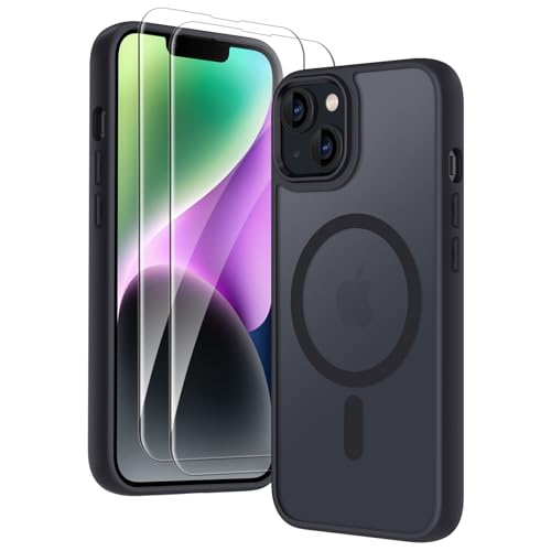 COPIKE Magnetisch für iPhone 13 und iPhone 14 Hülle mit 2 Stück Schutzfolie, Handyhülle Magnet Matt Translucent Dünn Stoßfest Anti-Fingerabdruck Rückseite Case, Schwarz von COPIKE