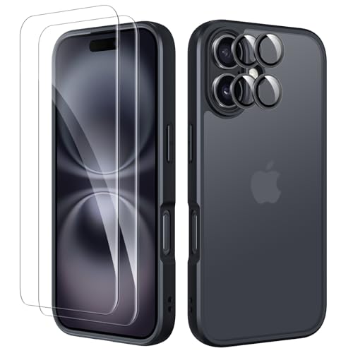 COPIKE Matte für iPhone 16 Hülle mit 2 Displayschutzfolien und 2 Objektivschutzfolie, iPhone 16 Handyhülle Slim Translucent Anti-Fingerabdruck Anti-Kratzer Stoßfest Cover Schwarz von COPIKE