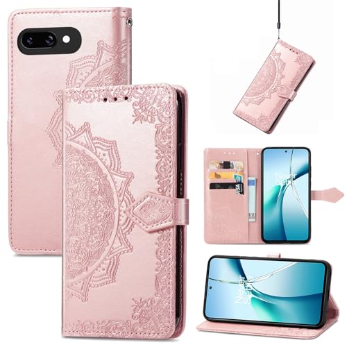 COQUE Brieftaschen-Handyhülle für Google Pixel 9a Shell, Mandala-geprägtes Muster PU-Leder [Lanyard][Ständer][Kartenfach] Flip-Wallet-Cover für Google Pixel 9a-Rosa von COQUE