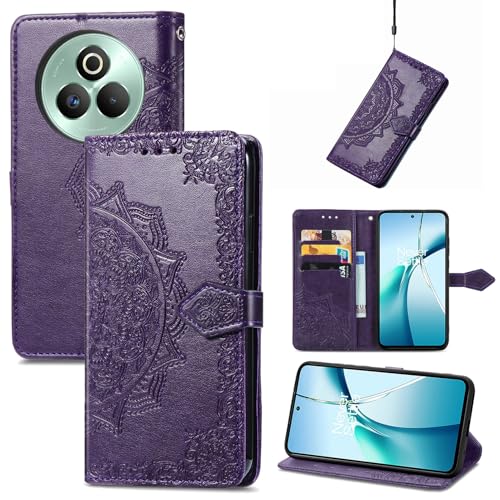 COQUE Brieftaschen-Handyhülle für Realme P3 Pro Shell, Mandala-geprägtes Muster PU-Leder [Lanyard][Ständer][Kartenfach] Flip-Wallet-Cover für Realme P3 Pro-Lila von COQUE