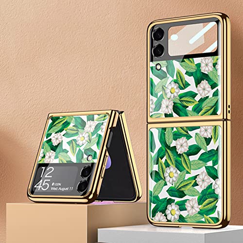 COQUE Galaxy Z Flip 3 5G Hülle,9H gehärtetes Glas Glänzend farbige Blumen Handyhülle, klappbare Handyhülle für Samsung Galaxy Z Flip 3 5G-Blume10 von COQUE