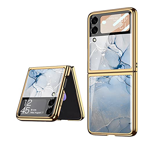 COQUE Galaxy Z Flip 3 5G Hülle,ultradünnes 9H Glas glänzend lackierte Handyhülle,Faltbare Handyhülle für Samsung Galaxy Z Flip 3 5G-grau Blau von COQUE