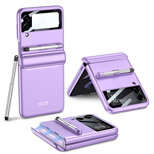 COQUE Galaxy Z Flip 4 Hülle mit Stylus,Hülle Schutzfolie Integrierte Klappbare All-Inclusive-Hülle mit Scharnier,Faltbare Handyhülle für Samsung Galaxy Z Flip 4 5G-Violett von COQUE