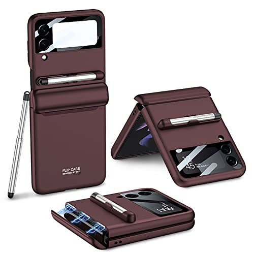 COQUE Galaxy Z Flip 4 Hülle mit Stylus,Hülle Schutzfolie Integrierte Klappbare All-Inclusive-Hülle mit Scharnier,Faltbare Handyhülle für Samsung Galaxy Z Flip 4 5G-Weinrot von COQUE