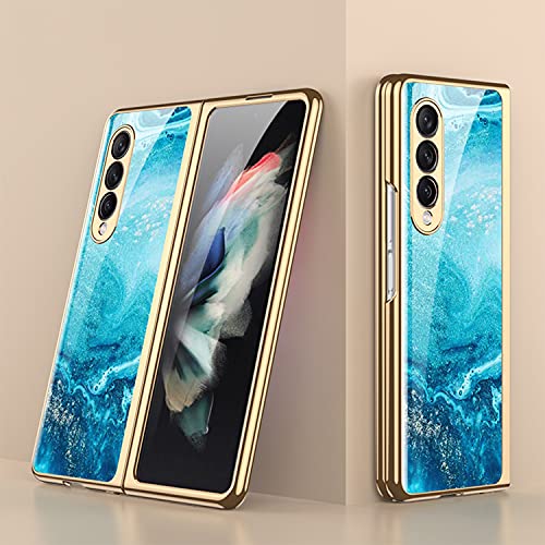 COQUE Galaxy Z Fold 3 5G Hülle,ultradünnes 9H Glas glänzend lackierte Handyhülle,Faltbare Handyhülle für Samsung Galaxy Z Fold 3 5G-Fluid-Ozeanblau von COQUE