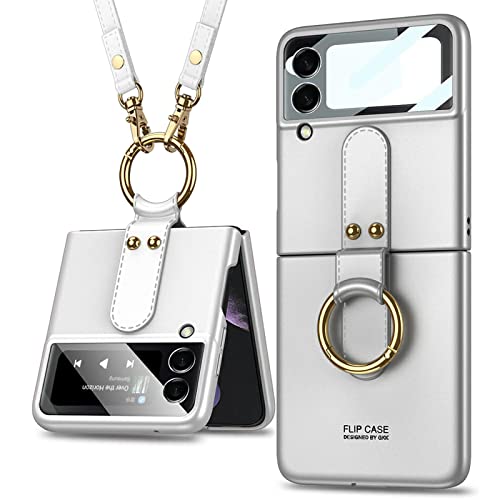 COQUE Hülle für Galaxy Z Flip 3 5G Hülle,Shell Film All-Inclusive Handyhülle mit Ring-Videoständer,Faltbare Handyhülle für Samsung Galaxy Z Flip 3 5G(mit Schultergurt)-Silber von COQUE